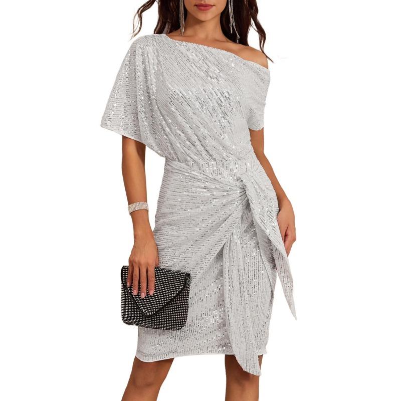 Ladies Trimmed Shiny Party Club Shoulder Folds Toast Dress Fashion Dress