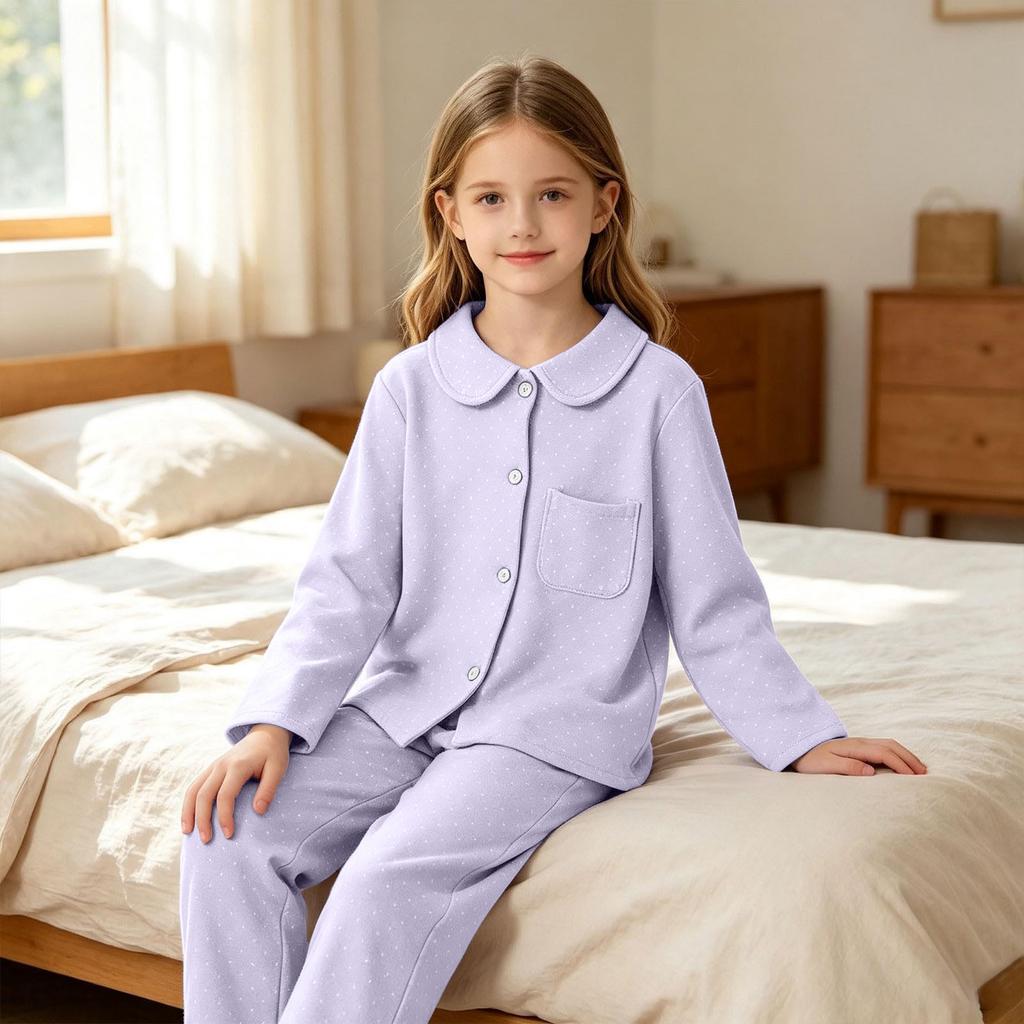 Boys and Girls Casual Polka Dot Pajama Set with Lapel Collar and Pockets for Sleep