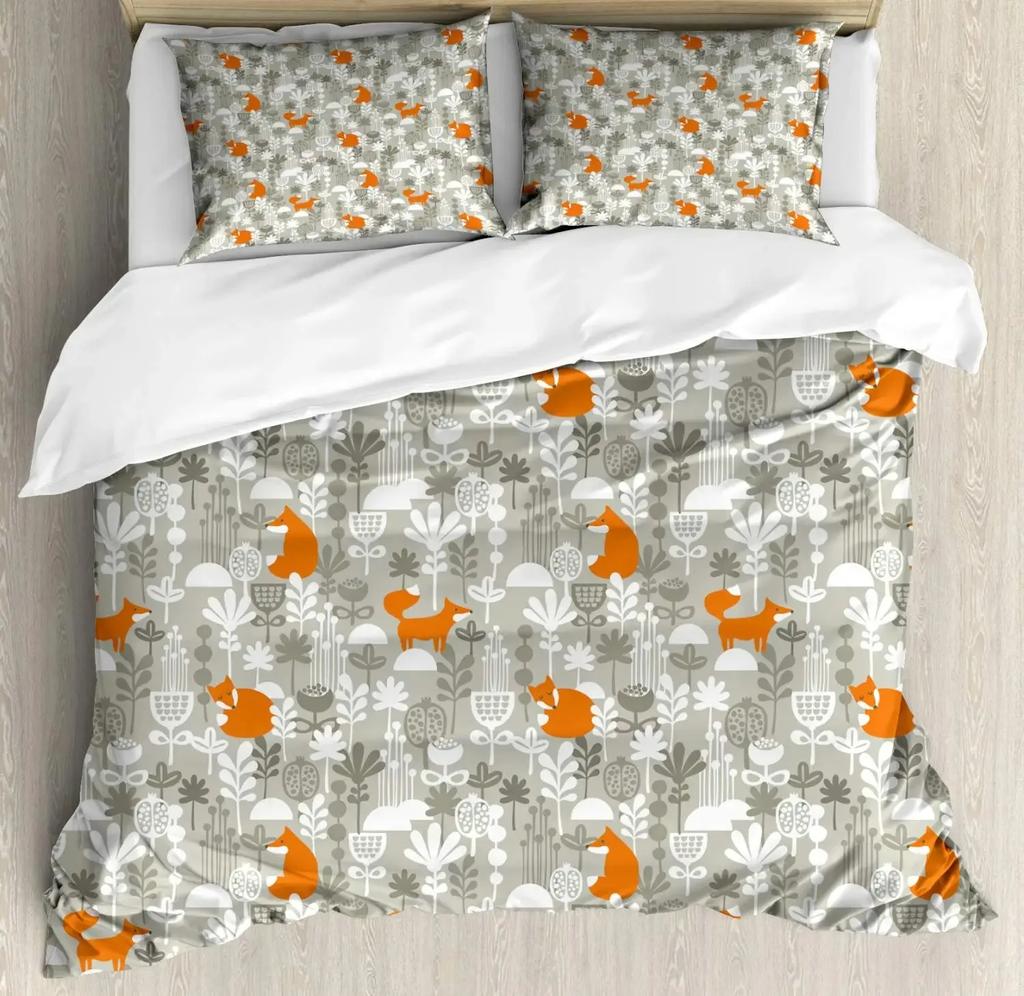 Girls Cartoon Fox Duvet Cover Set Cute Fox Bedding Set Kawaii Animals Comforter Cover Botanical Floral Bedspread Cover Full Size