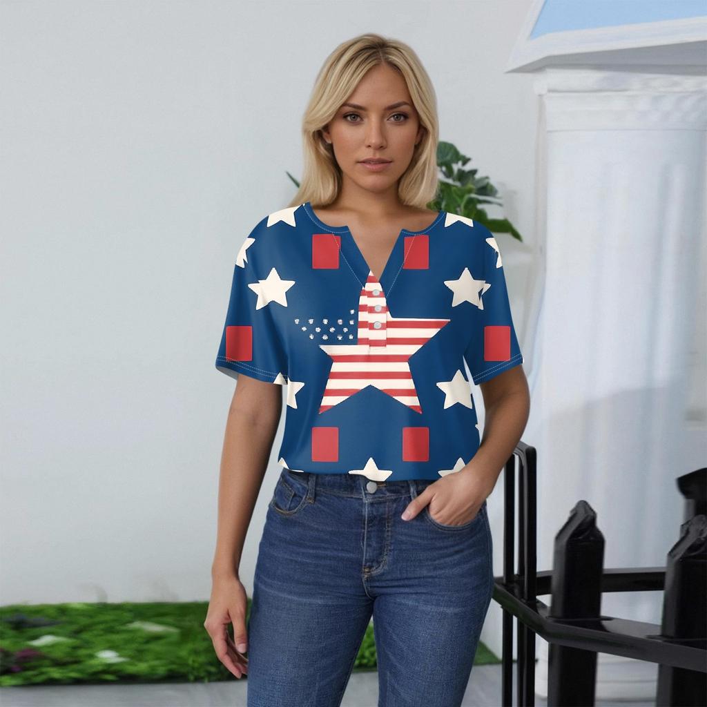 Women's T Shirt Tee Print Button Short Sleeve Daily Weekend Fashion Basic V- Neck Regular Top