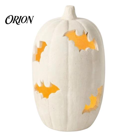 Autumn Festival Decor Halloween Pumpkin Resin Figurine, Bat Hollow Out Lantern with Indoor Outdoor Holiday Props Warm Light, Spooky Home Table