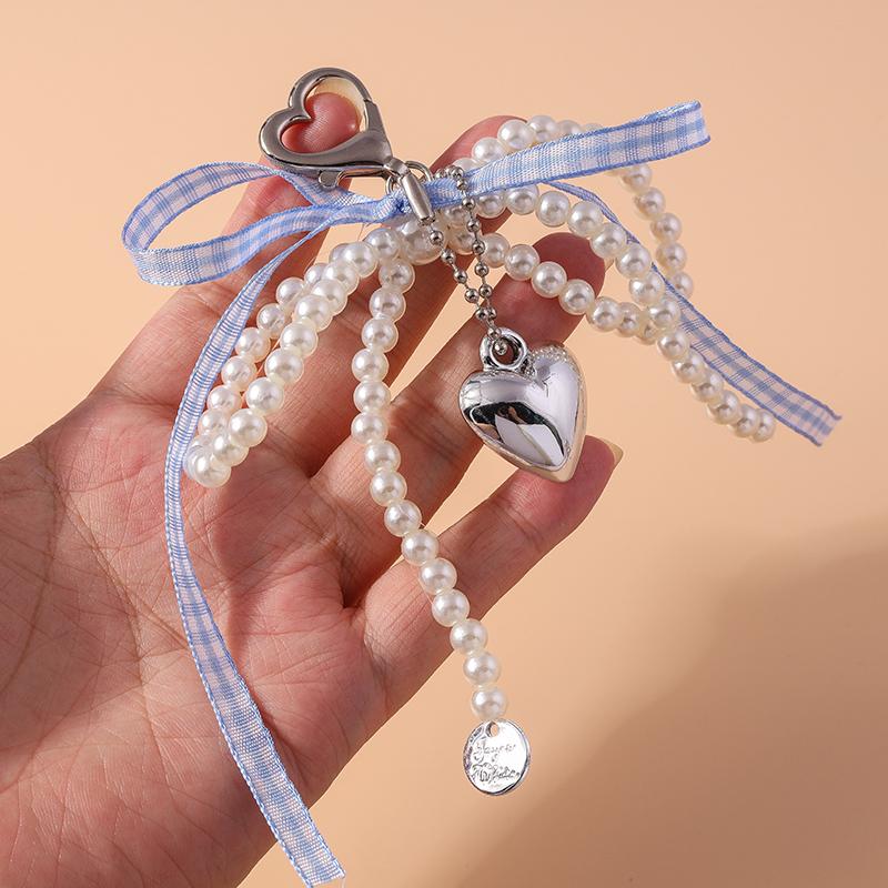 Pretty Handmade Pearl Bowknot Keychain for Women Girl Love Heart Key Ring Pendant Handbag Accessories DIY Jewelry Gift
