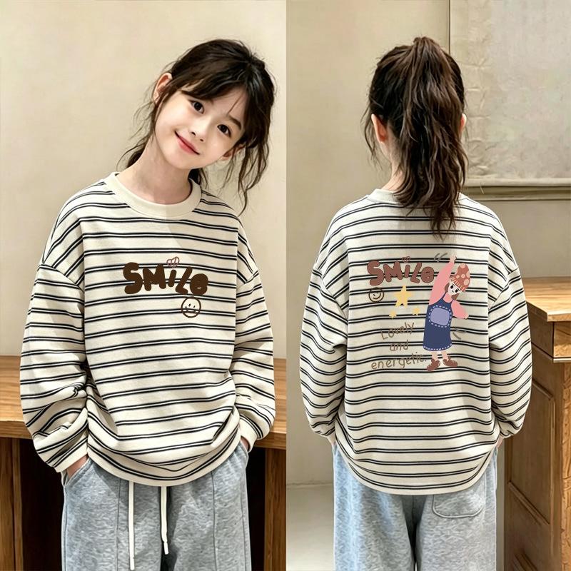Spring/Autumn 2026 Striped Long-Sleeve Pure Cotton T-Shirt for Girls 8-15 - Trendy Round Neck Base Layer
