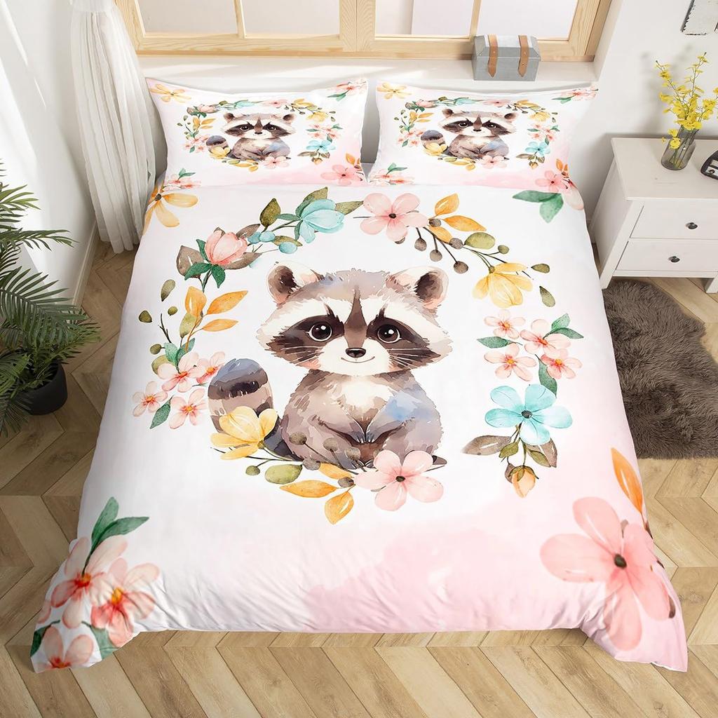 Waschbär Bettwäsche-Set für Jungen Kinder Mädchen Niedlicher Cartoon Wildtiere Bettbezug Liebevolle Tiere Bettdeckenbezug Polyester Steppdeckenbezug