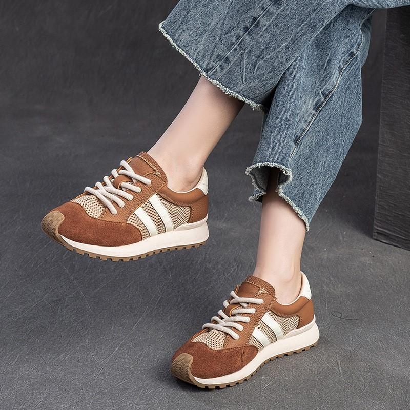 Johnature Sports Casual Women's Shoes Breathable Mesh Splicing Genuine Leather Lace Up Comfortable Sneakers