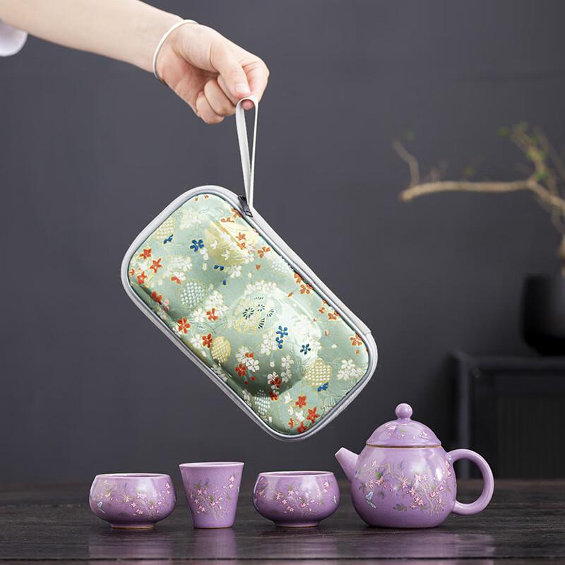 Portable Ru Kiln Ceramic Travel Tea Set Transparent Embroidered Travel Bag
