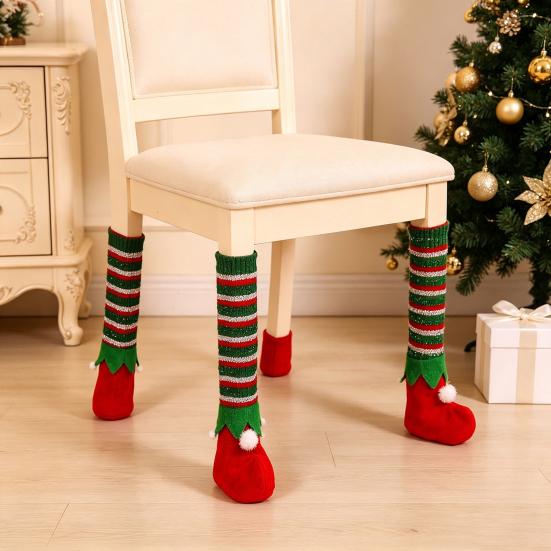 Elastic Felt Pads for Chairs 4 Pcs Christmas Table Chair Leg Covers, Striped Elf Furniture Protectors Scratch Prevention Socks, Floor