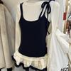 2KWEIRD Korean Woman T Shirts Fake Two Chic Tees Long Sleeve O-neck Ruffles Sweet Camisetas Bandage Casual Y2k T-shirts