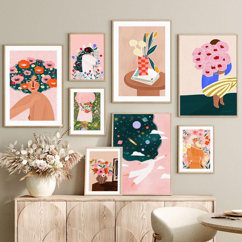 Boho Mode Mädchen Blumenvase Illustration Wandkunst Leinwandmalerei Abstraktes Poster und Drucke Bilder für Wohnzimmerdekor