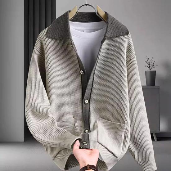 Yousheng Men Sweater Coat Thick Colorblock Button Closure Turn-down Collar Knitted Loose Keep Warm Jacket Autumn Winter Cardigan Outerwear
