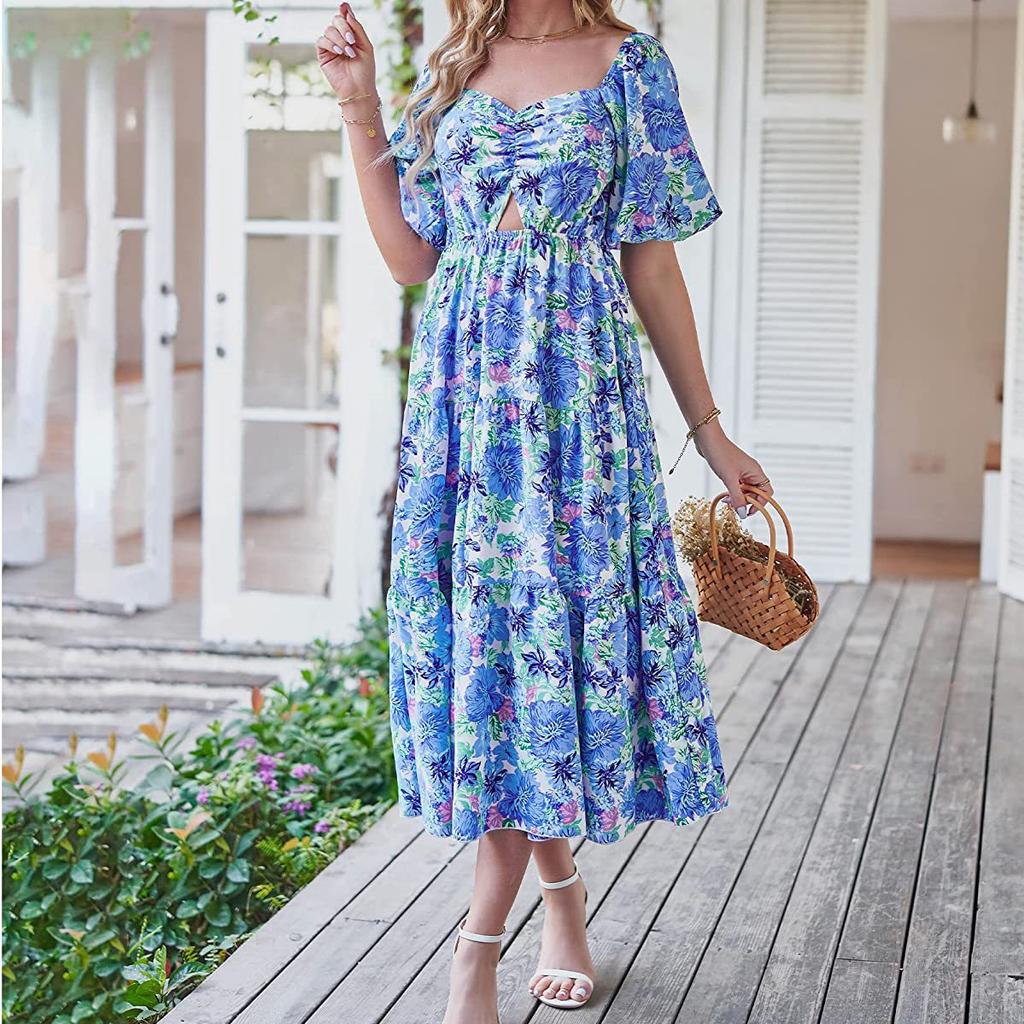 Women's Fashion Floral Square Collar High Waist Hollow Bubble Short-sleeved Back Pleated Printed Dress