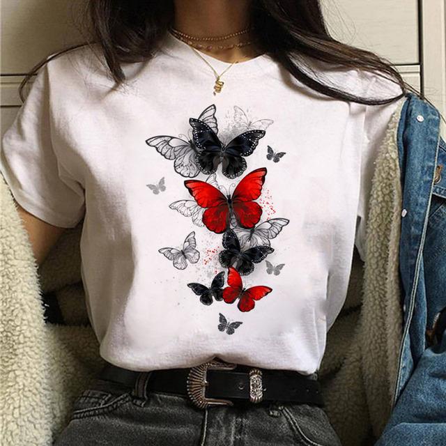 Women Tshirt Watercolor Butterfly Print Tshirt Summer Female Tops Casual Short Sleeve T-Shirts Harajuku Graphic Tee Cute T-Shirt