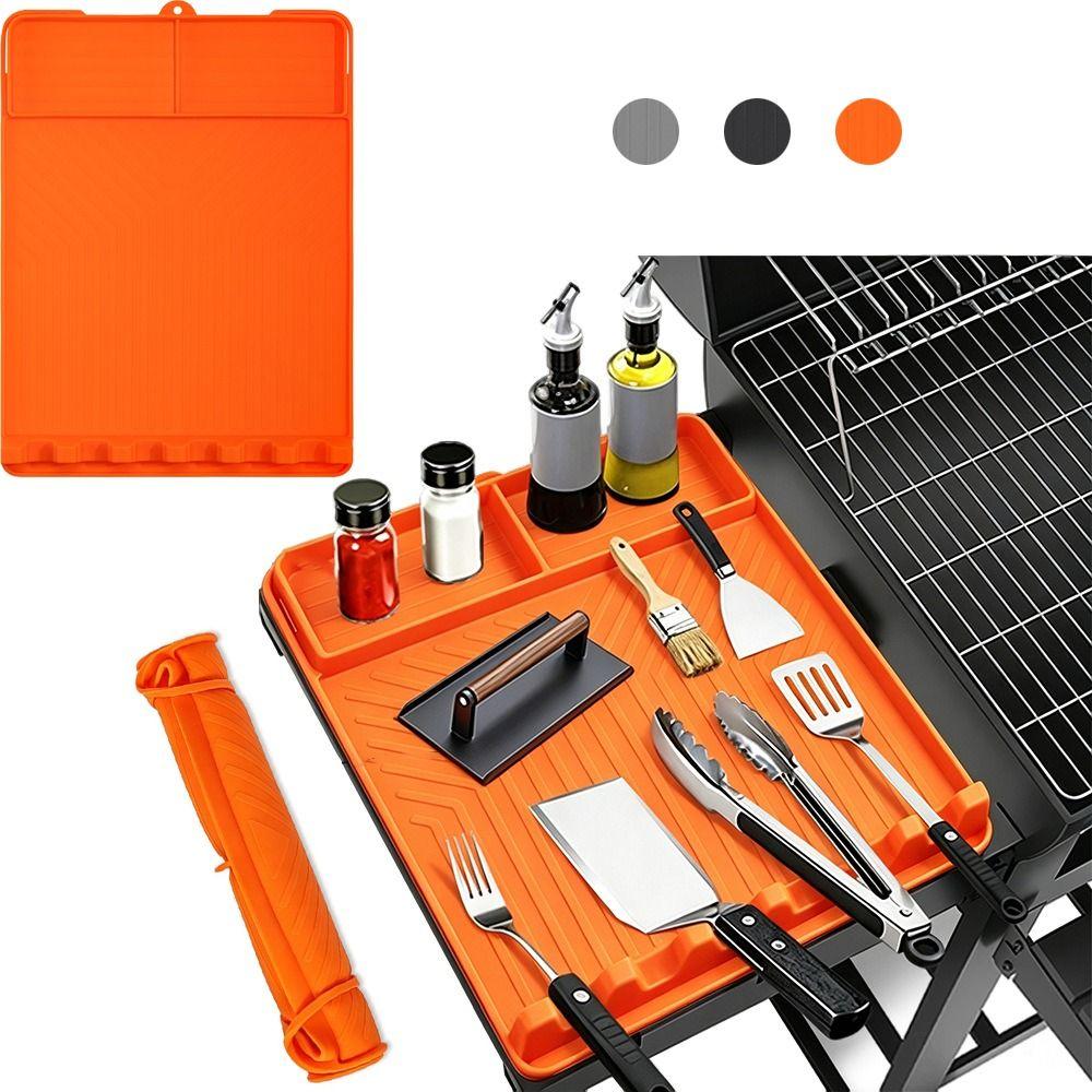 Silicone Mat Grill Tool Tray Raised Lip Grill Buddy Mat Reusable Grill Mat BBQ Tool Storage