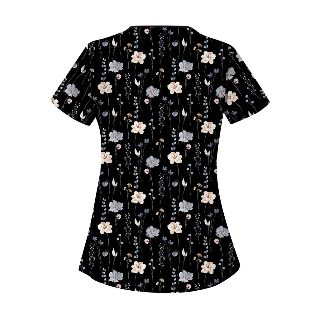 Lässiges Workwear-Oberteil für Damen mit Blumendruck, kurzen Ärmeln, schrägem Kragen und zwei Taschen