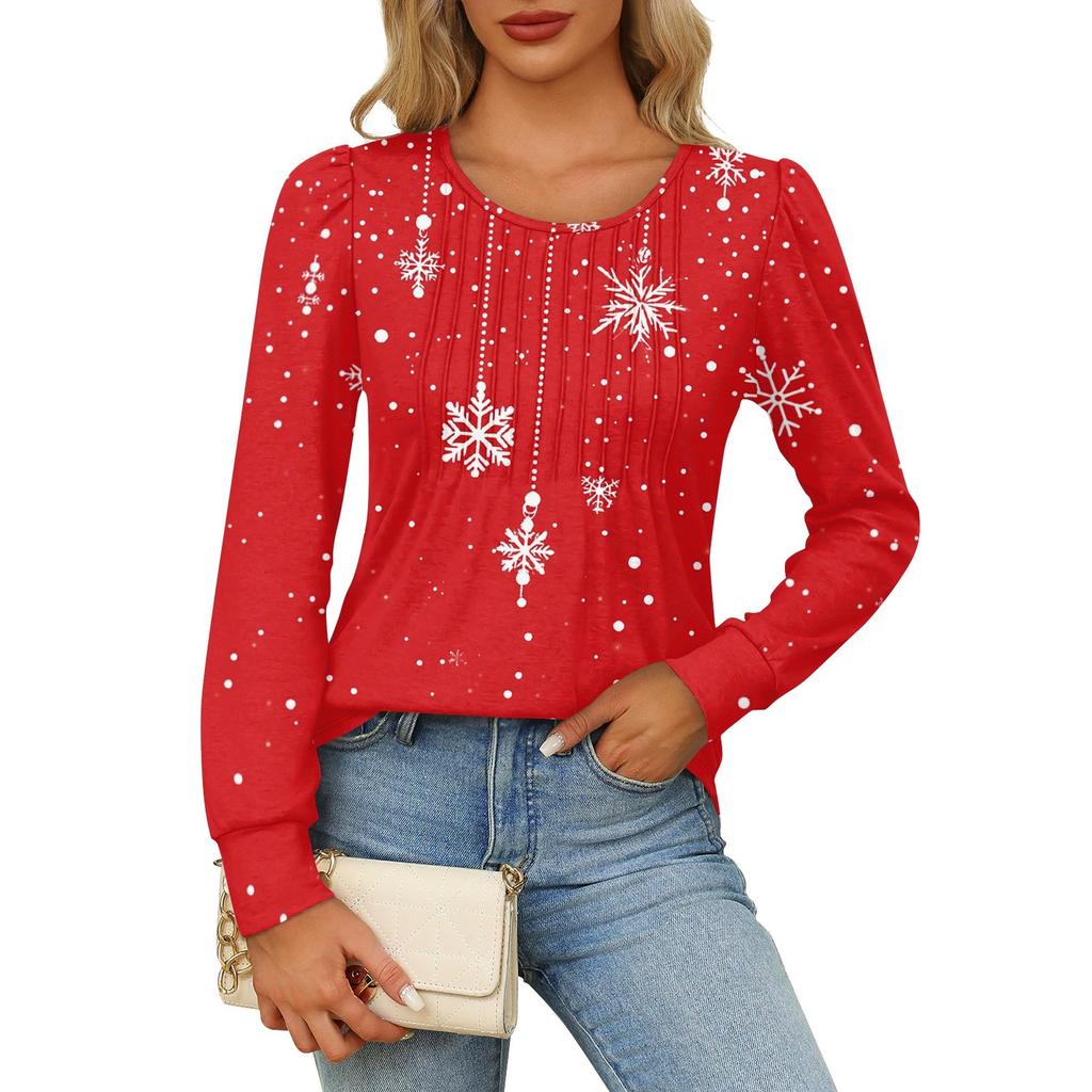 Long Sleeve Shirts For Women Cute Print Graphic Tees Blouses Dressy Casual Blouses Pleated Scooped Neck Tunic Tops Christmas