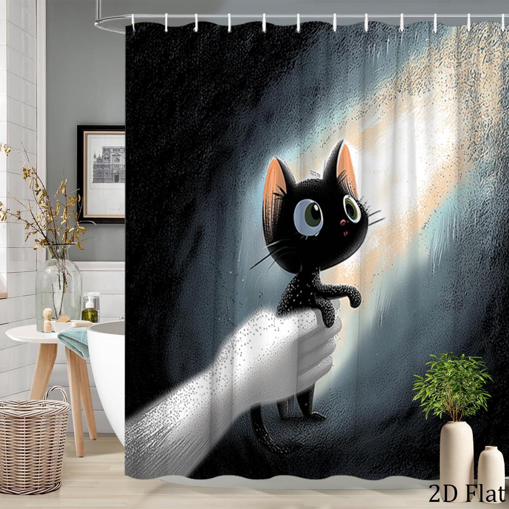 

2D Flat, [2D Flat] 1Pc Cute Cartoon Black Cat Shower Curtain Bathroom Decor Bath Curtain With 12 Hooks 70.8X70.8 Inch Magical W60H190(CM)-1 Pcs