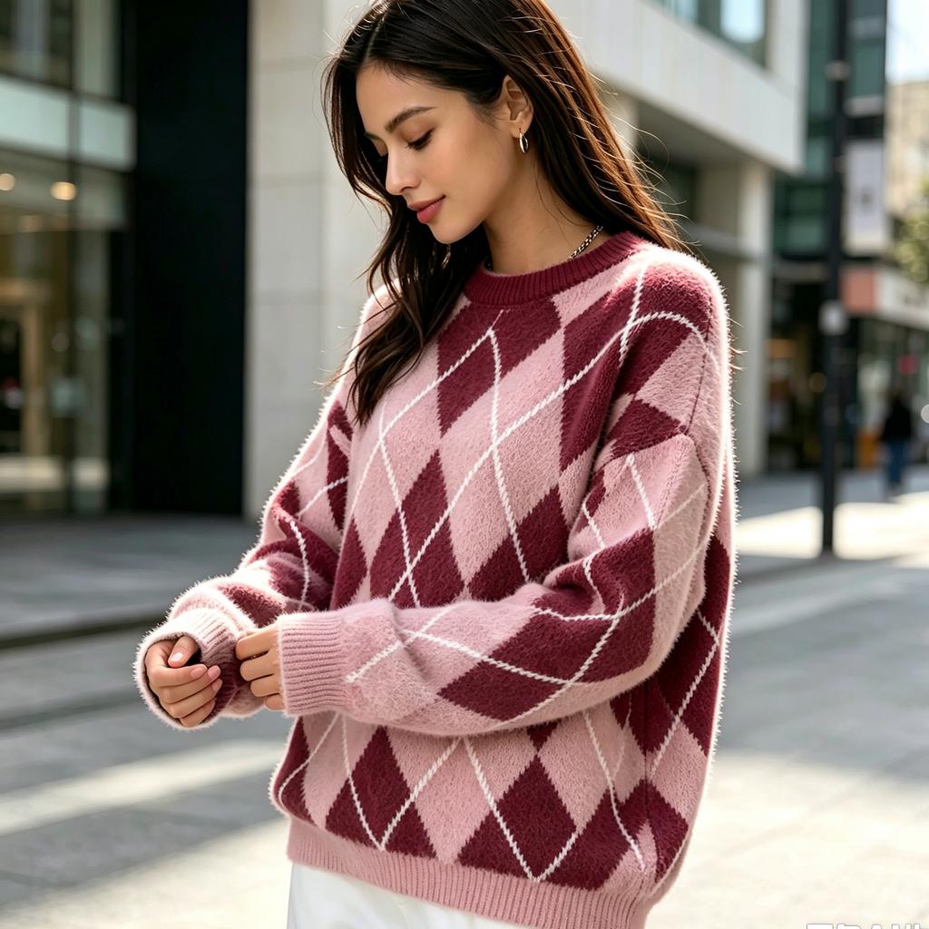 Women's Loose Fit Knit Top Neck Color Block Pullover Sweater for Casual Wear