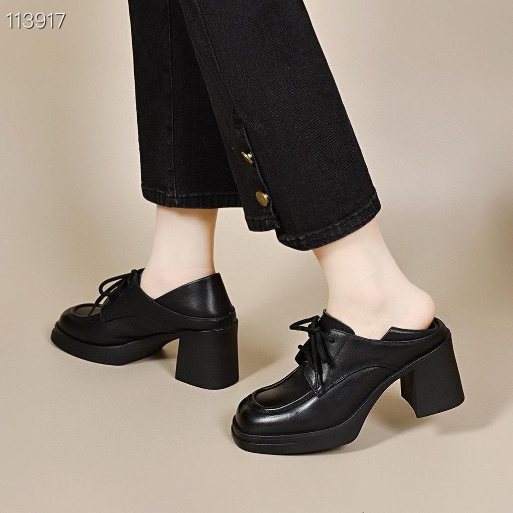 Women's 2025 Black British Style Waterproof Platform Chunky Heel Lace-up Loafers with Two-Wear Deep Mouth Design.