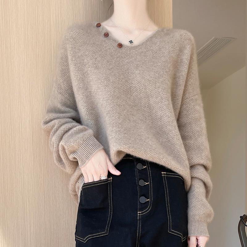Women's V-Neck Cable Knit 100% Wool Sweater - Autumn Winter Solid Color, Loose Fit, Long Sleeve, Lazy Style, Base Layer.