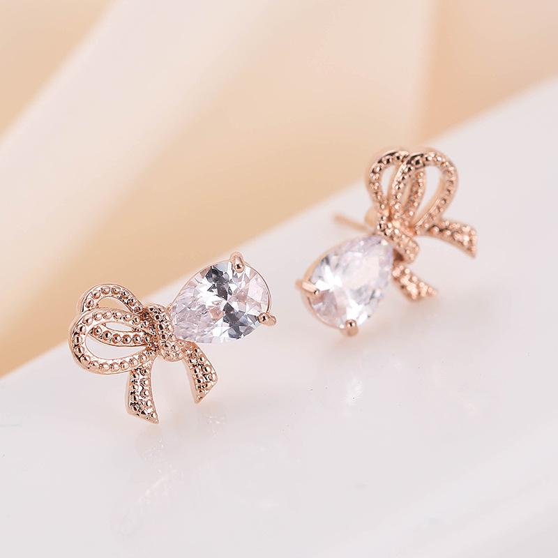 Korean Bow Rhinestone Stud Earrings - Elegant Metal Design for Girls
