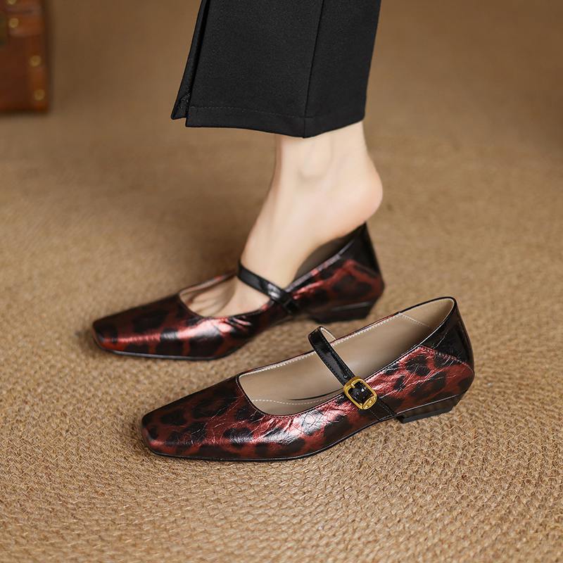 Krazing Pot Cow Skin Spring Summer Size 41 Thick Low Heels Women Square Toe Leopard Metal Buckle Shallow Pumps