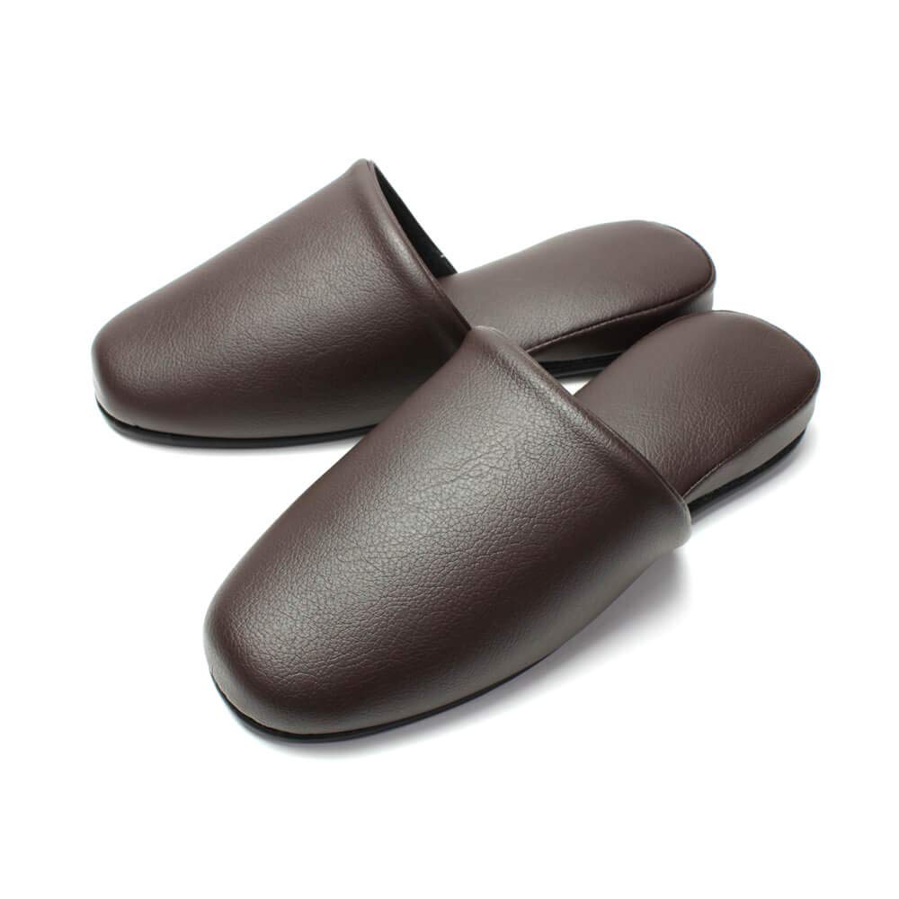 Set of 5 Luxury Front For Guests and Business Use [HYBRIDWORKS] Leather-Look Slippers, Antibacterial, Brown, Approx. 26cm, Unisex, Wipeable, Closure,