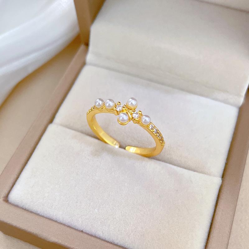 Real Gold Pearl Cross Ring Opening Adjustable Simple Jewelry Japanese Ring Couple Ring