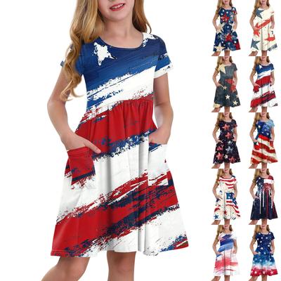 Kinder Rundhals Kurzarm Prinzessinnenkleid Modisch Und Lässig Tasche Mädchen Unabhängigkeitstag Kleid