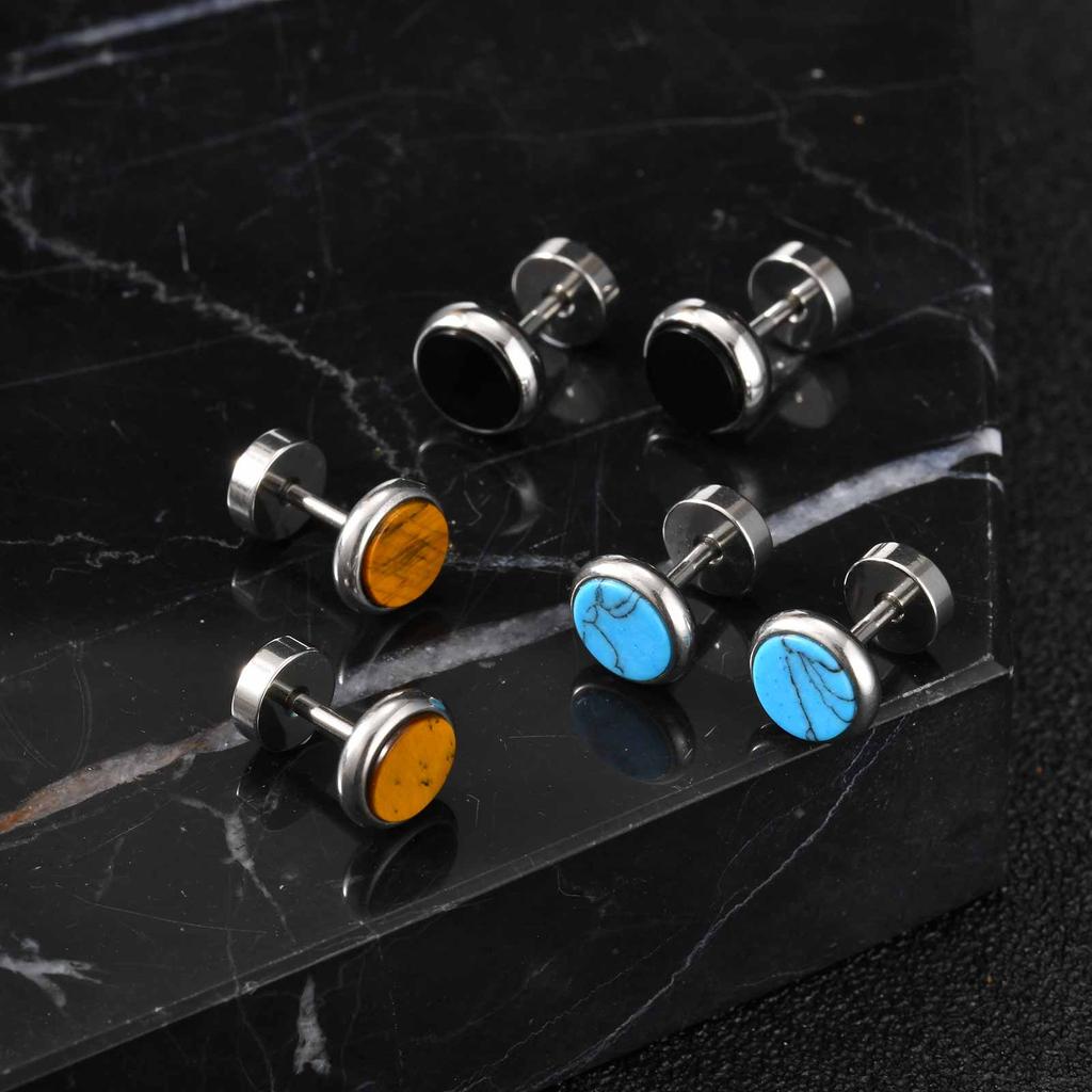 Vnox Hypoallergenic Stainless Steel Stud Earrings for Men, Small Round Natural Tiger Eye/Turquoise/Agate Stone Fashion Jewelry