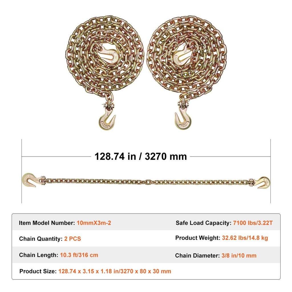 Binder Chain G80 Tie Down Tow Chain with Hooks 3/8"x10.3' 2 Pack 7100 Lbs