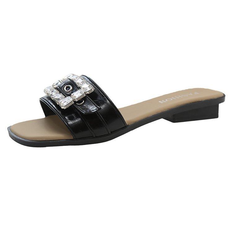 

Flat-bottomed premium cool slippers outer women s shoes new summer French fairy rhinestone square buckle one-word slippers woman 35
