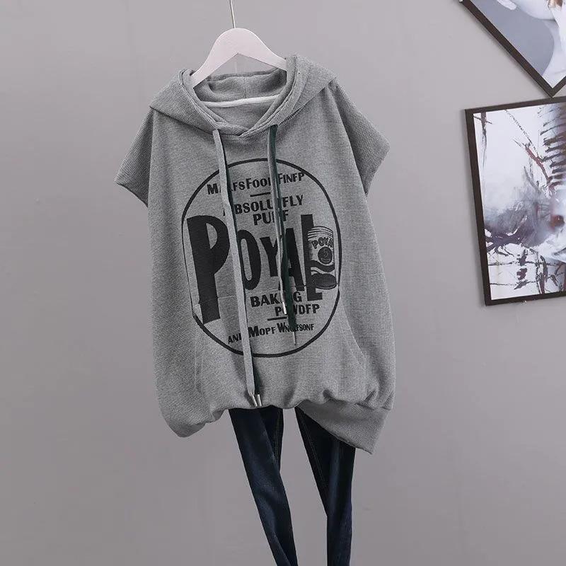 

Женский свитер с короткими рукавами большого размера, летние тонкие свободные хлопковые топы с короткими рукавами, женская повседневная удобная футболка с капюшоном M серый