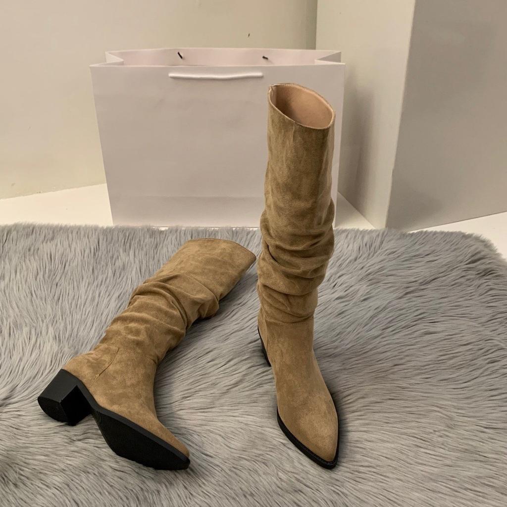 High Heel Suede Western Medium Boots Women's Season Fleece Pointed Pile Long Tube Knight Boots