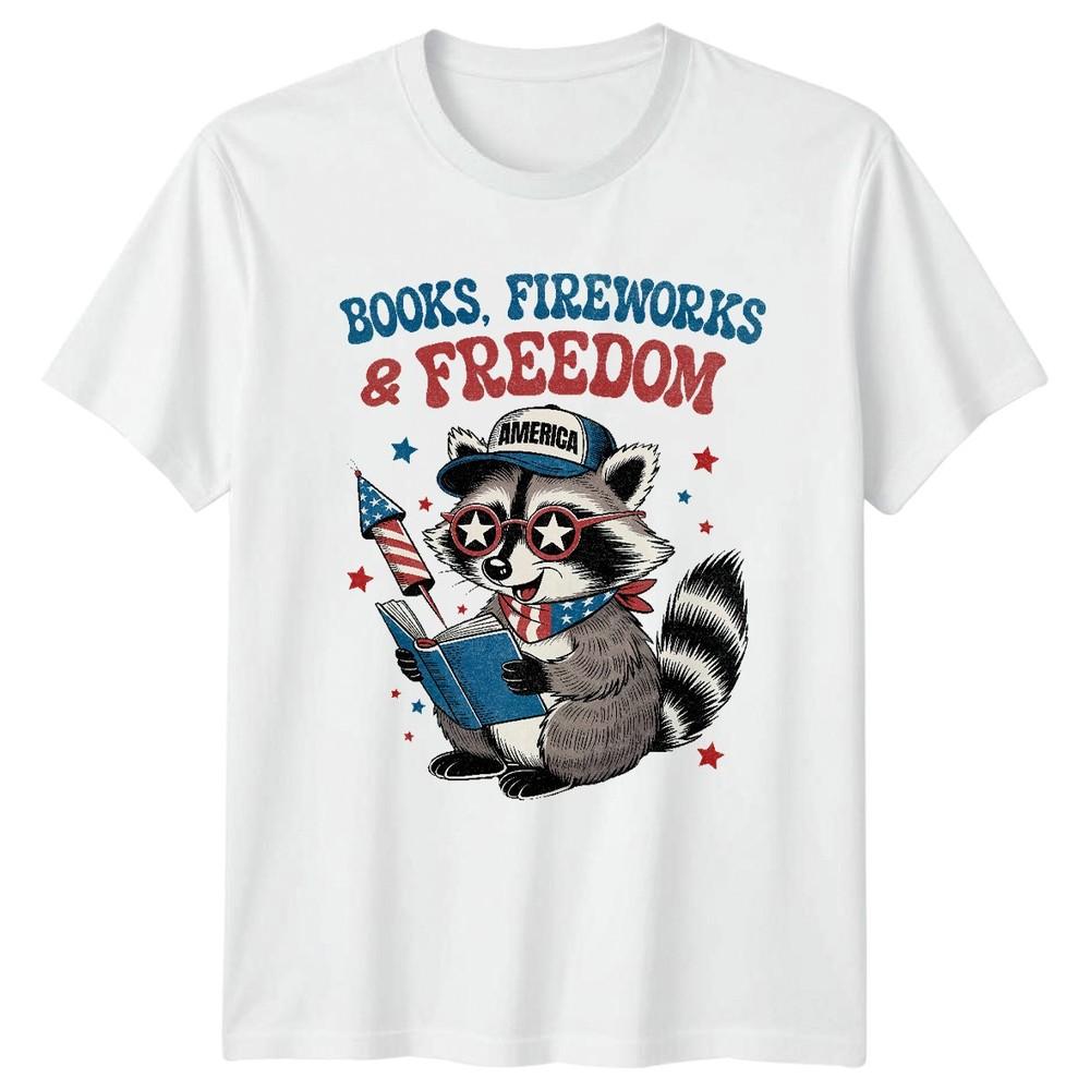 Books Fireworks Freedom America Raccoon Independence Day Holidays Unisex Graphic S