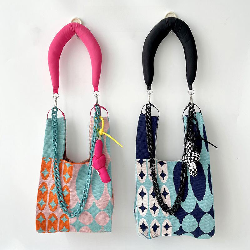 Women's Contrast Color Polka Dot Knitted Tote and Shoulder Bag Collection