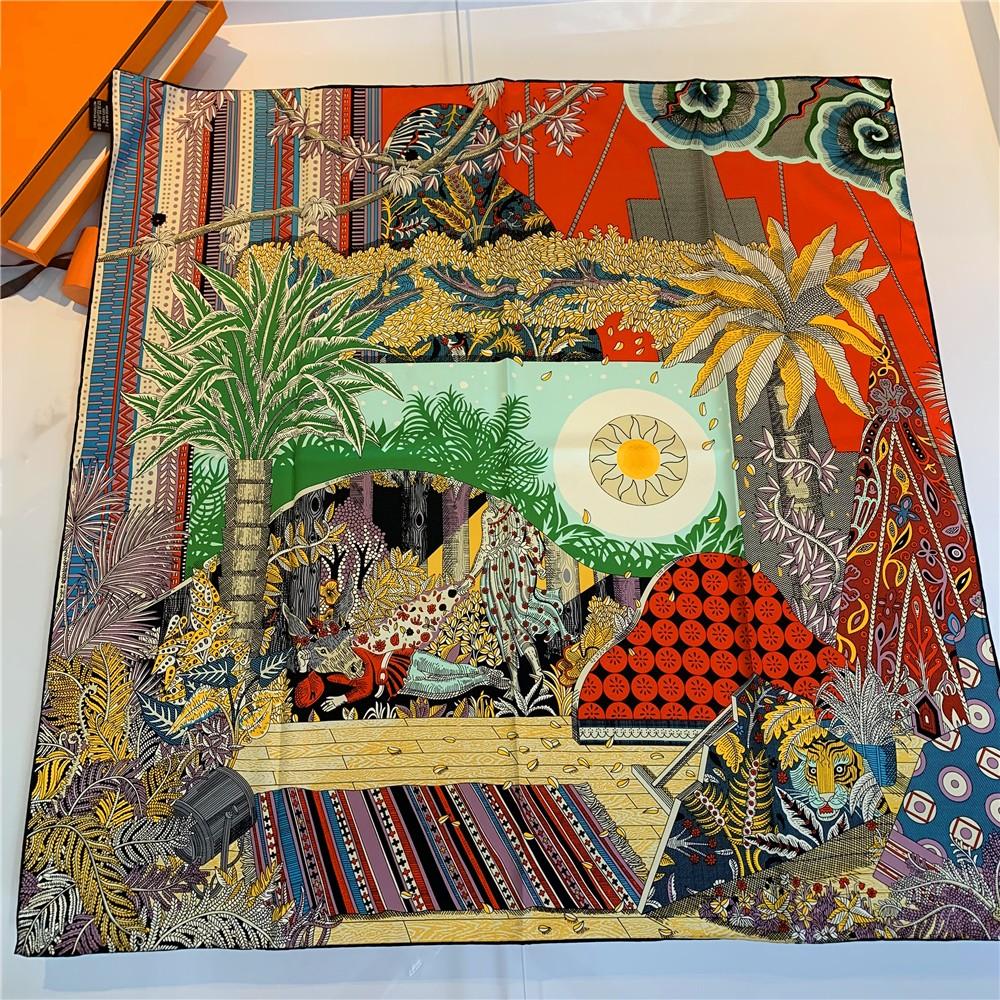 90Cm Women Scarf Summer Night Forest Twill Silk Scarf Handmade Curled Square Scarves Hijab Ladies Foulard Headband Bandana