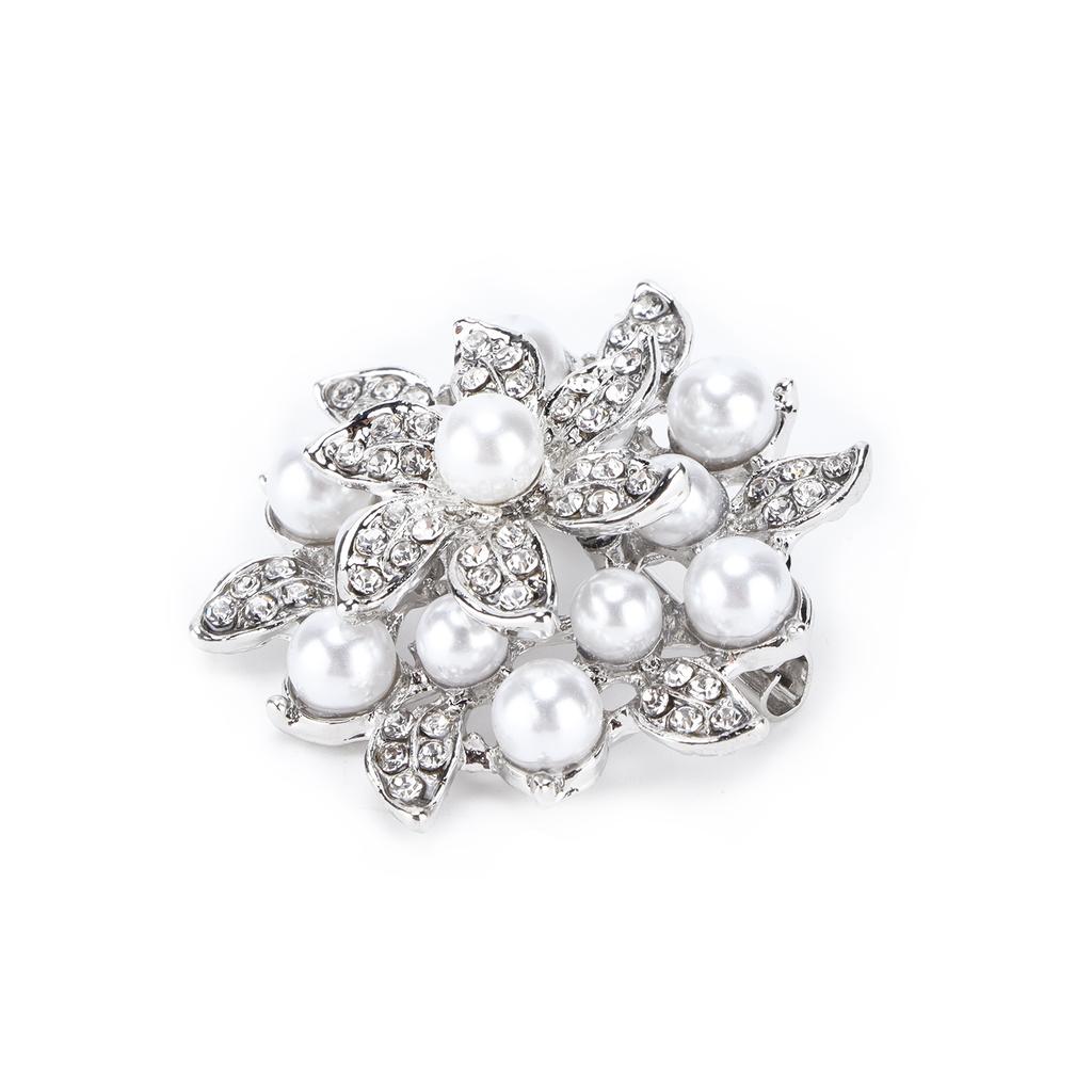 Brooch Diamond Flower Pearl Alloy Fashion for Exquisite Present Cloth DecorationsSilver