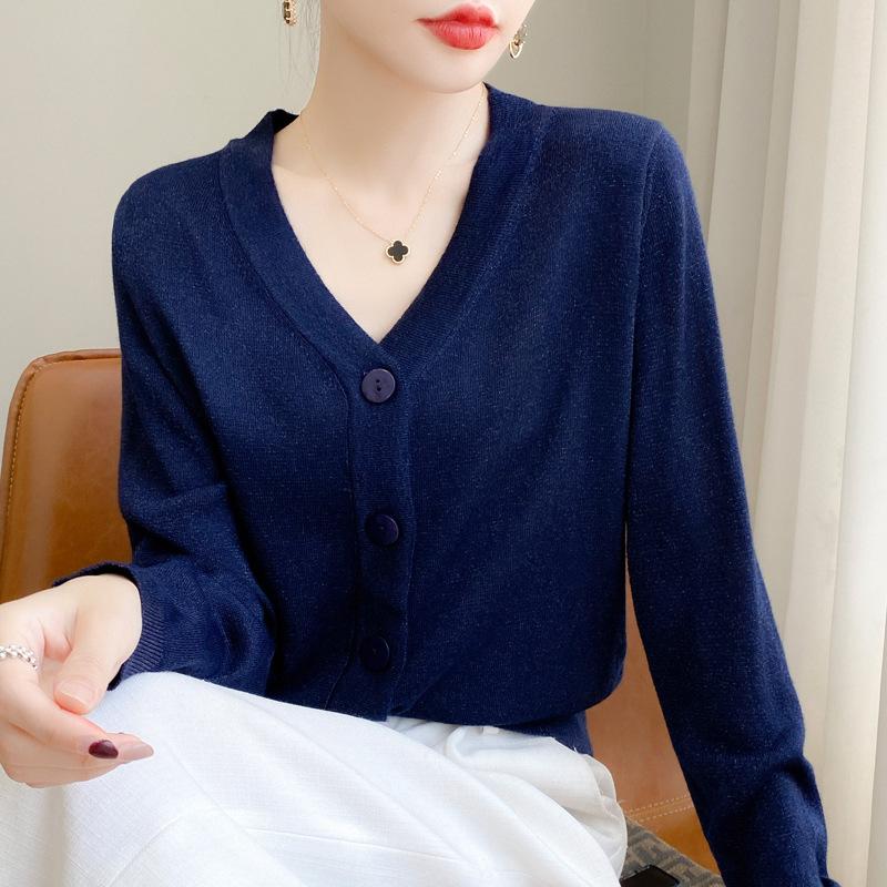 

Весенне-осенний женский трикотаж, короткий свободный вязаный кардиган с длинными рукавами и v-образным вырезом, однотонная пряжка L