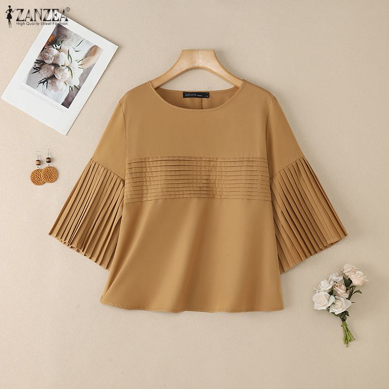 ZANZEA Women Casual Round Neck Solid Color 3/4 Sleeve Blouse