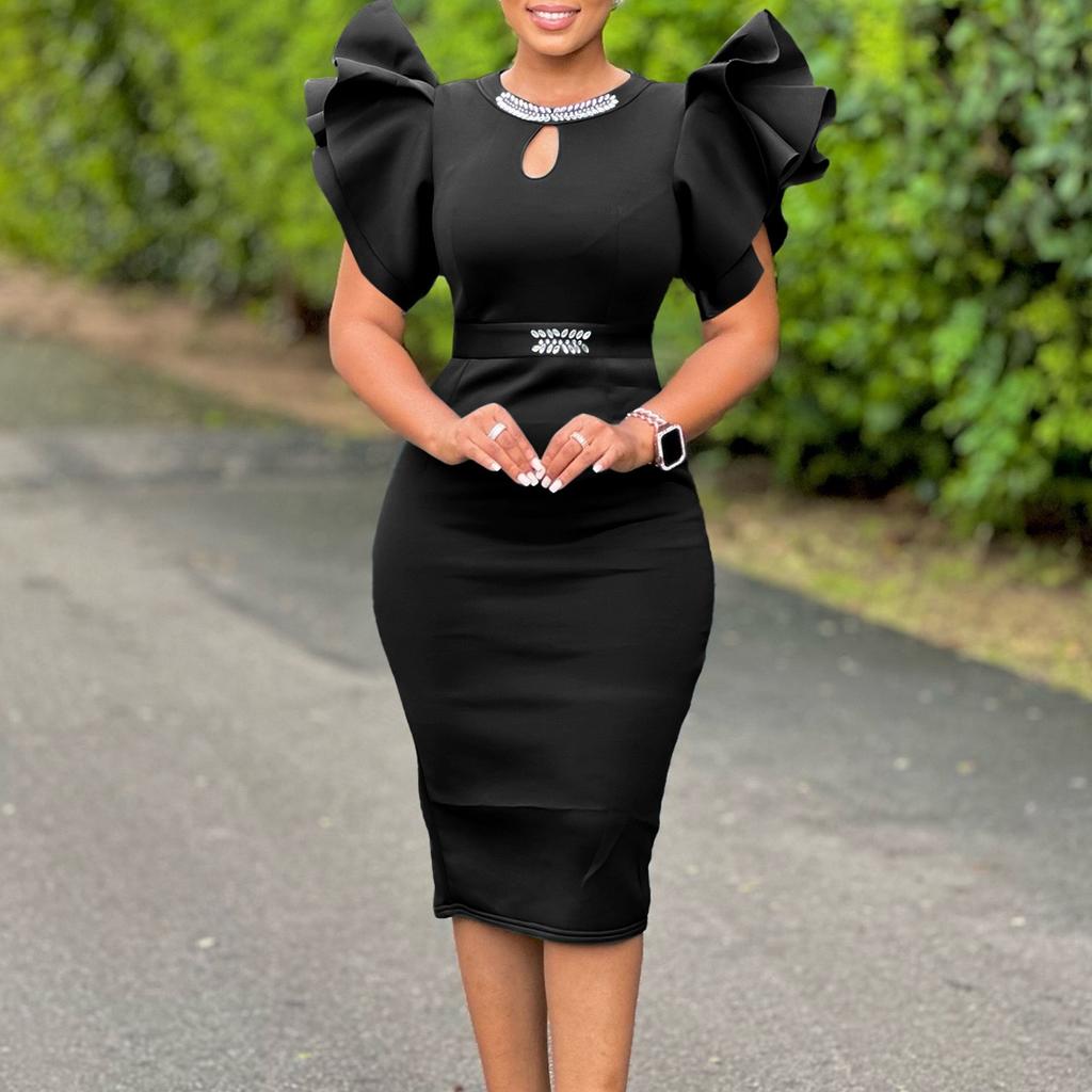 Women O Neck Dresses Ruffles Sleeve Diamond Plus Size Elegant Bodycon Package Hips Dress 2026