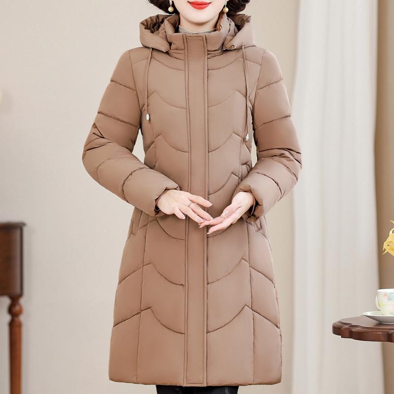 Casacos Longos Femininos de Meia-Idade Parkas de Inverno com Capuz Elegantes Soltos Grossos Quentes Tamanho Plus Agasalhos Jaquetas Femininas