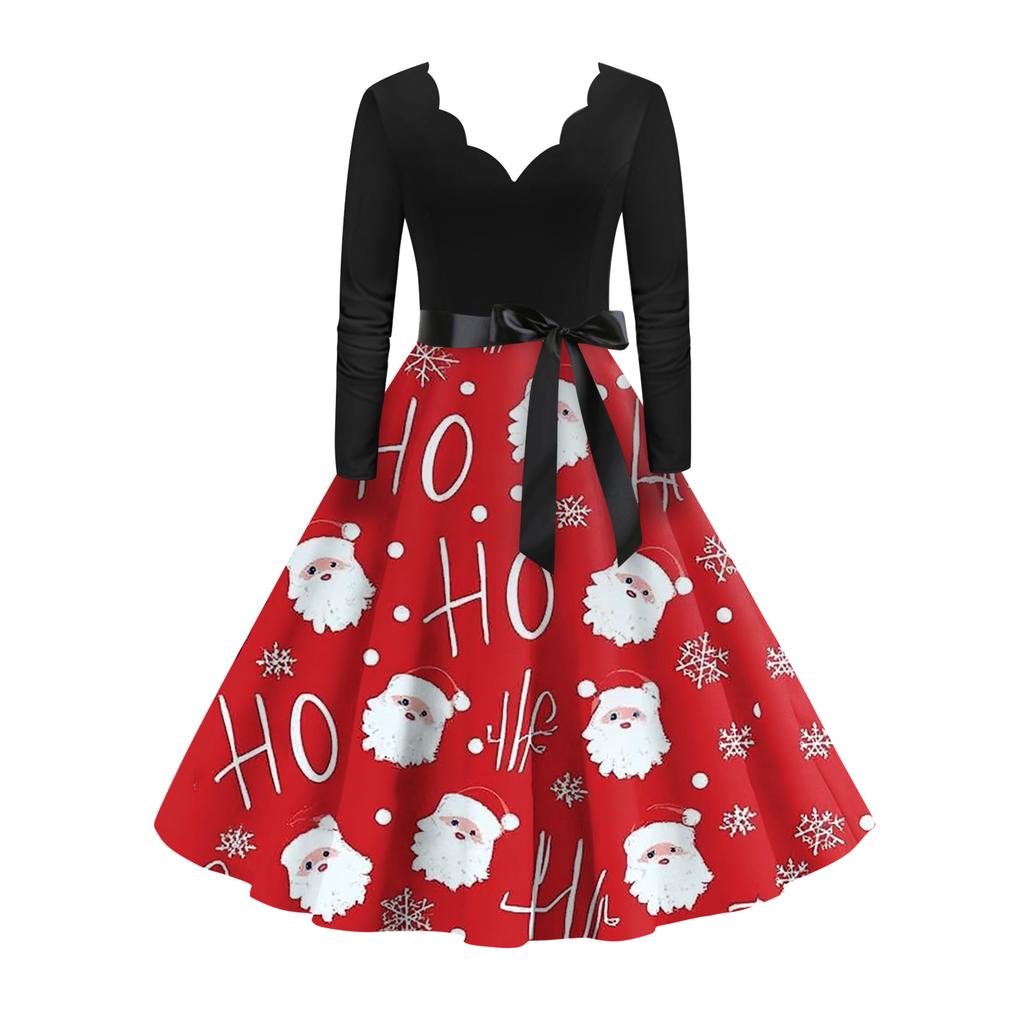 Women's Fashion Elegant Autmn and Winter Long Sleeve V-Neck Christmas Print Dress