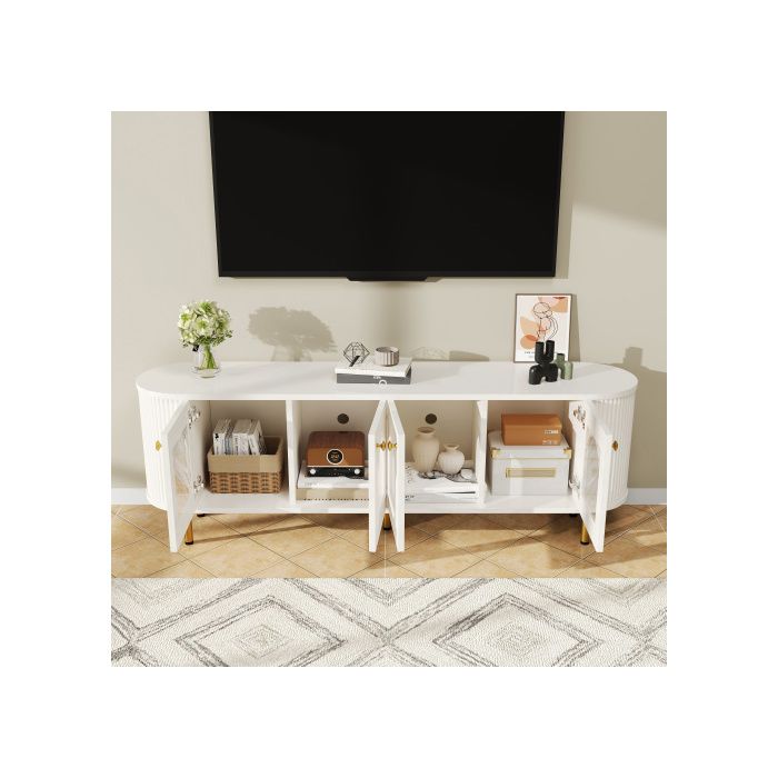 Armoire TV lowboard - Blanc et doré - Portes vitrées - Bords arrondis - Détails dorés luxueux