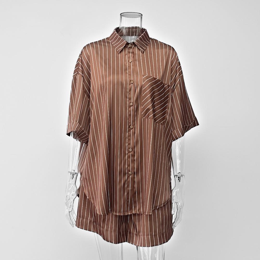 Summer French holiday style European and American, new striped suit loose loungewear short-sleeved shorts women s clothing S