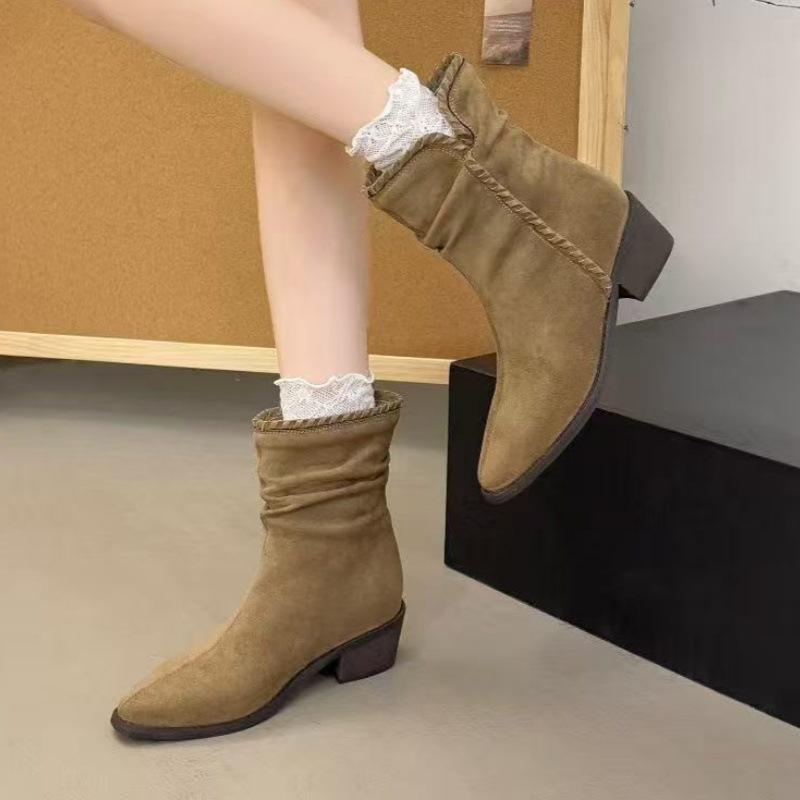 

[Fanfuna] 2025 осень новые маленькие короткие ботинки женские высокие каблуки популярны, модные ботинки на тонком толстом каблуке, ботильоны 40 верблюд