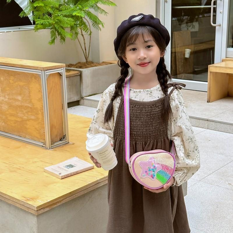 Trendy Shimmering Heart Kids Crossbody Bag In Soft Pink And Rainbow Colors