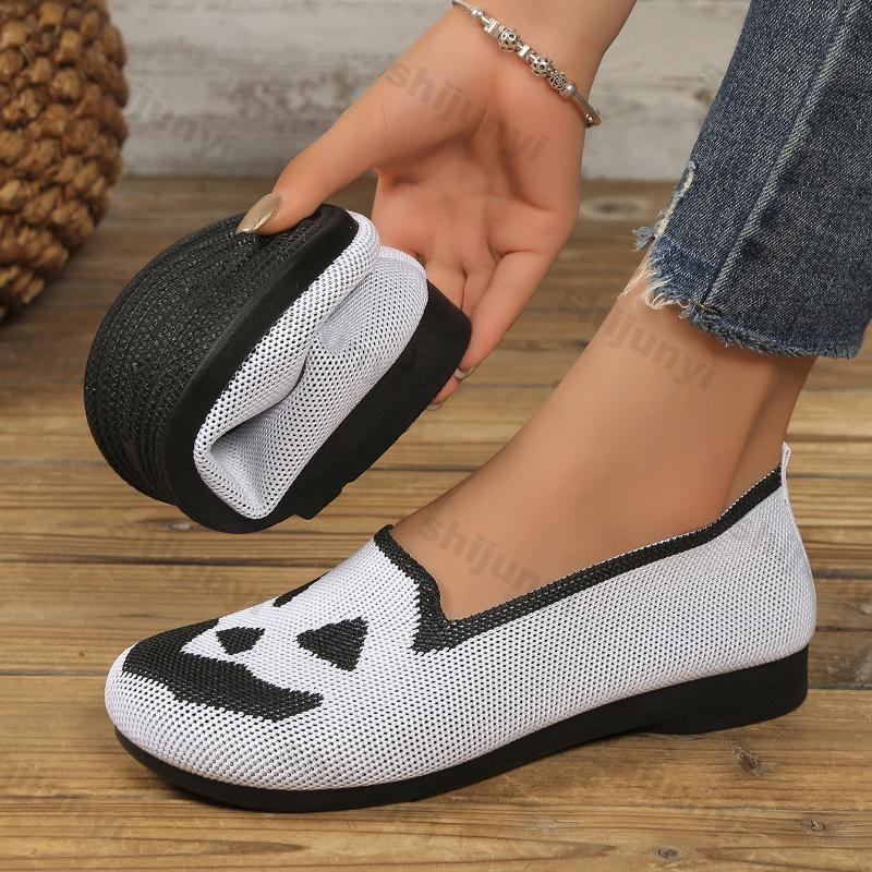 Fashion Women Fly Weave Shoes 2025 New Halloween Fashion Pumpkin Breathable Casual Shoes Lightweight Comfortable Soft Sole Slip on Flats