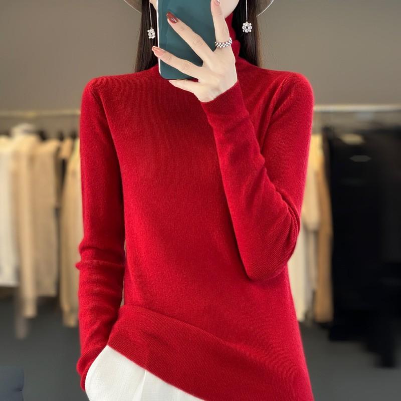 Women's Fall/Winter High-Neck Knit Sweater Solid-Color Slim-Fit Base Layer Sweater Puffed Collar Sweater