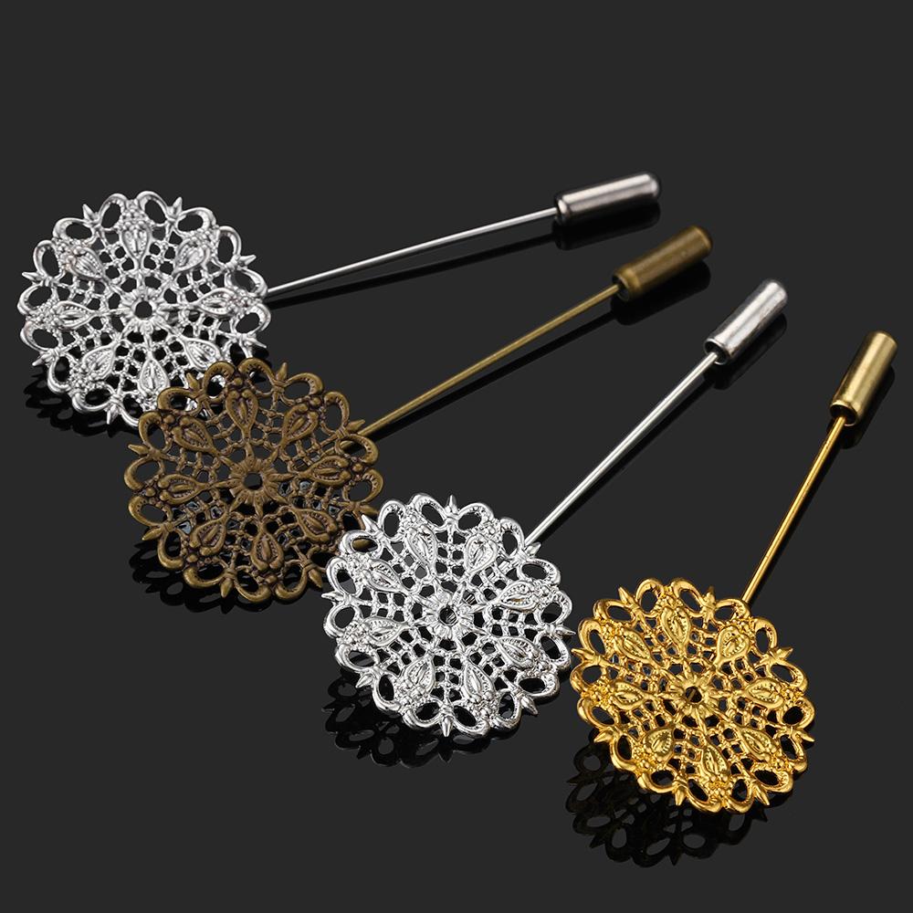 5pcs 25mm Brooch Filigree Flower Pin Base Boutonniere Hollow Out Stick Base Setting Lapel Brooch for Wedding Jewelry Making DIY