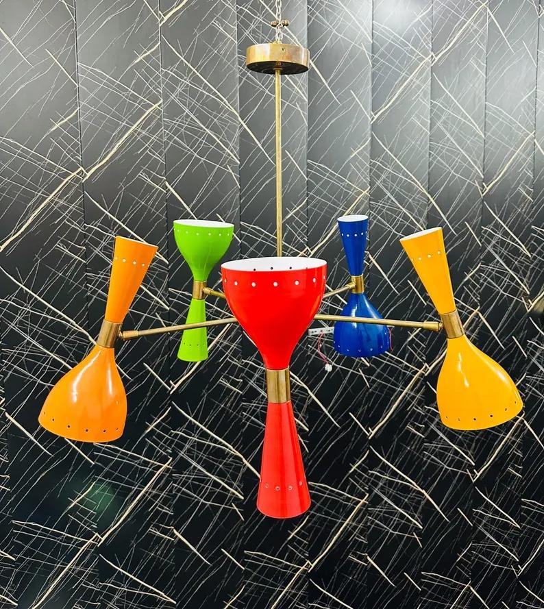 

Mid Century Modern Sputnik Chandelier: Adjustable 6-Arm Brass Pendant Light червоний